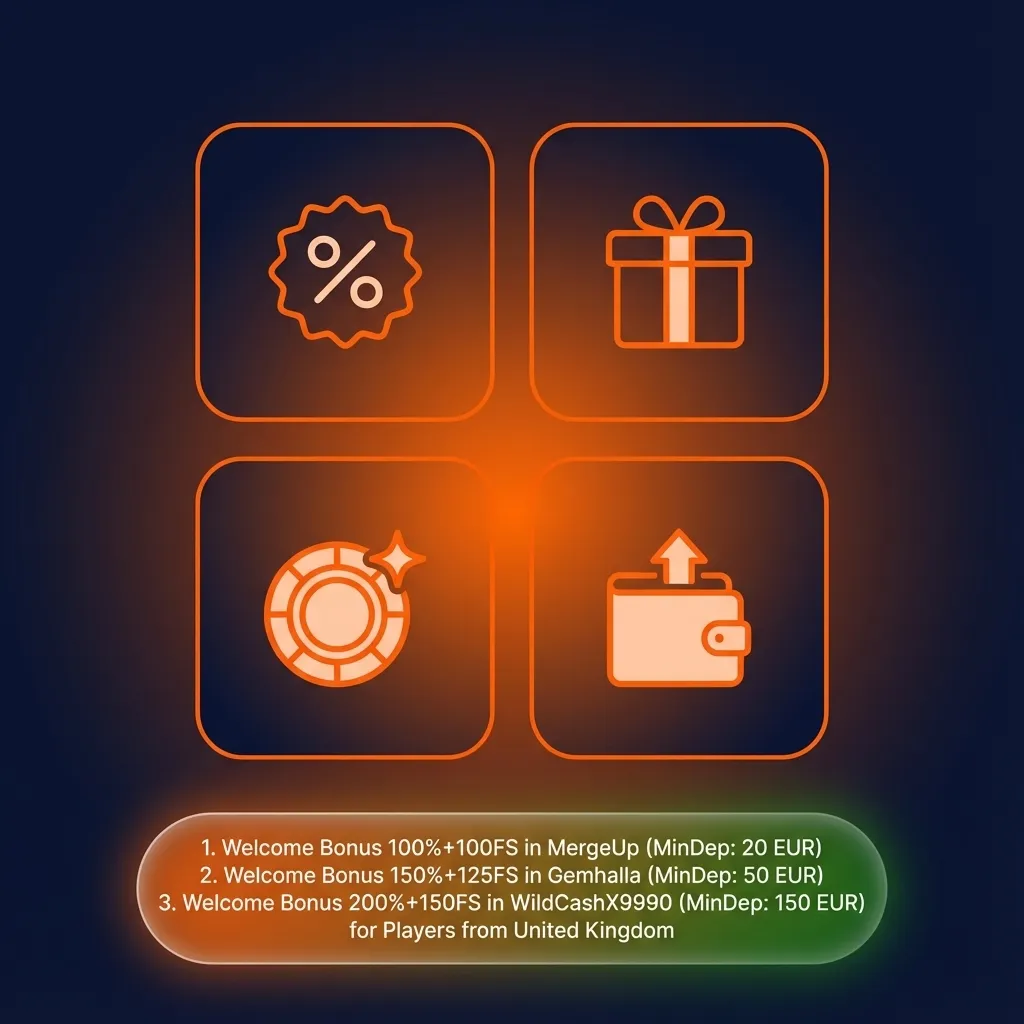 Basswin casino banner showing three tiered welcome bonuses with matched deposits and free spins on MergeUp, Gemhalla and WildCashX9990