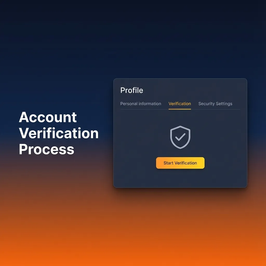 Illustrated UK account verification steps: profile completion, ID and address upload, payment check, and final approval notification.