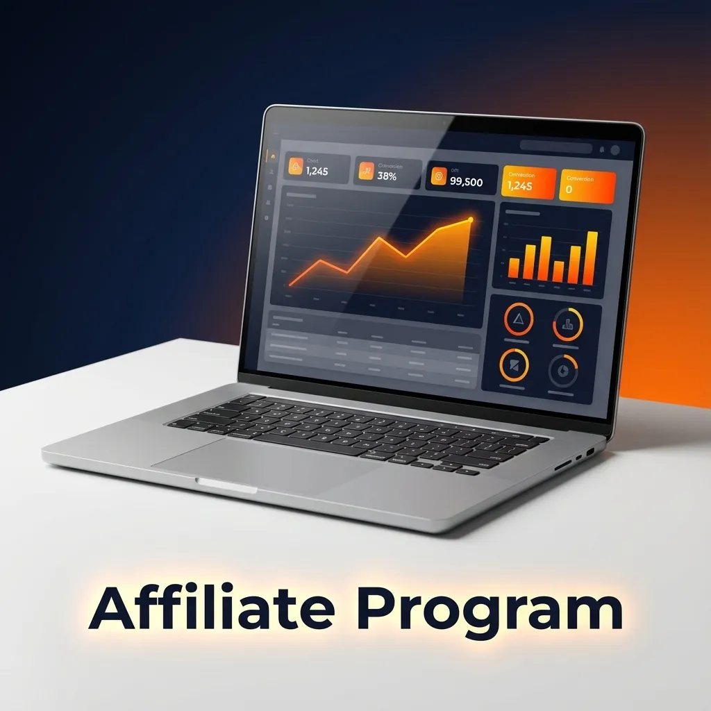 Illustration promoting an affiliate program with referral links, commission earnings, and analytics dashboard on a laptop screen