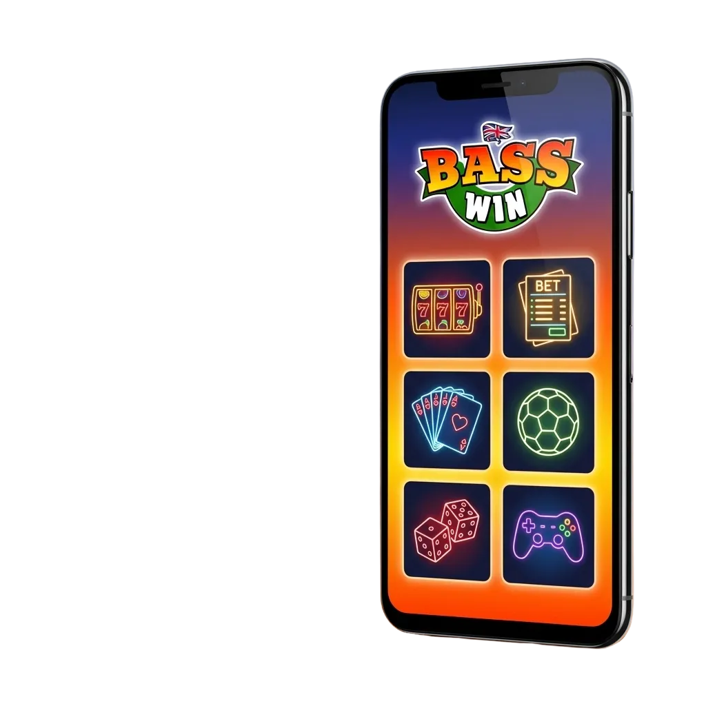 Basswin Android app screen showing UK mobile betting, slots, and payment options on a smartphone