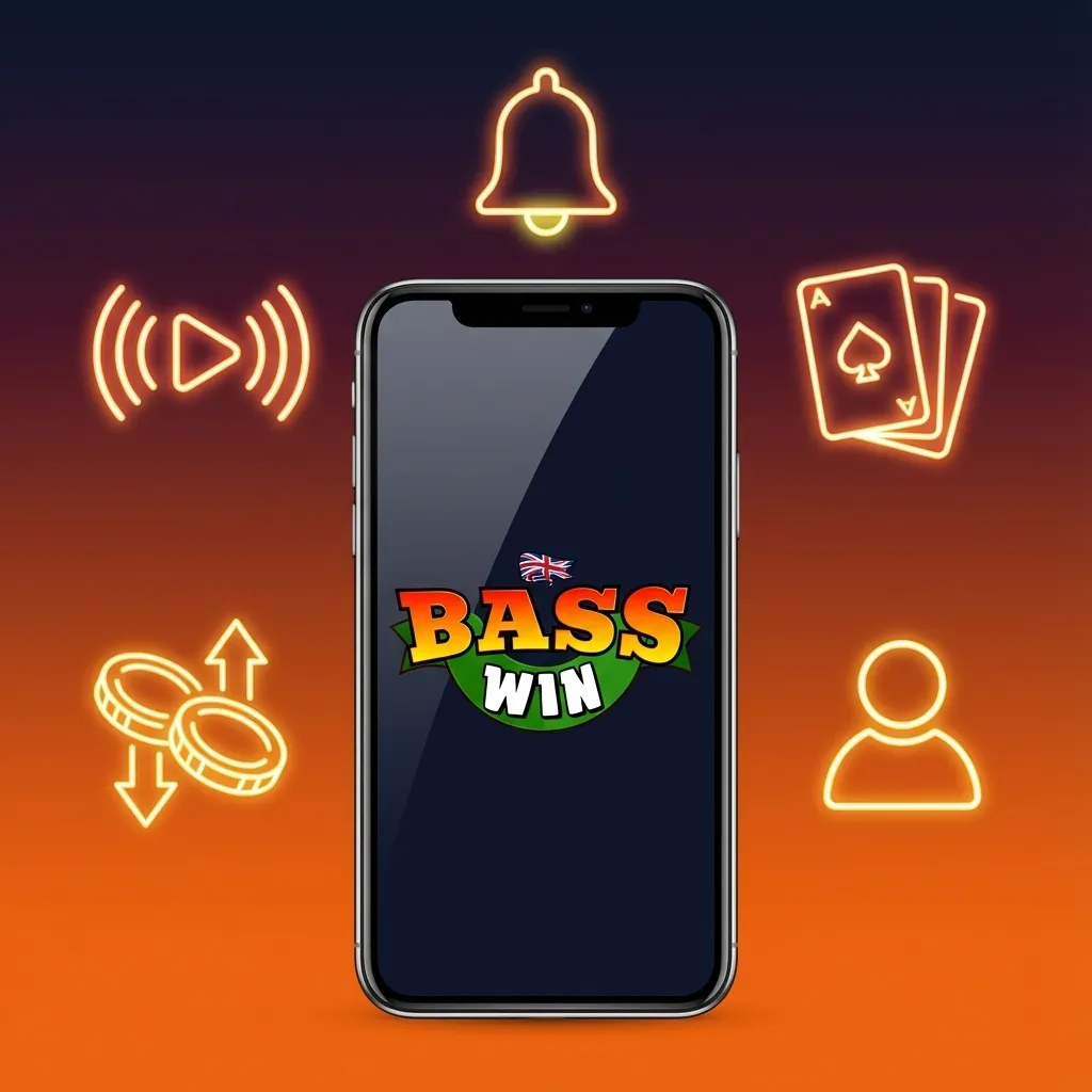 Illustration of the Basswin betting app on a smartphone, showing live odds, casino games, and payment options on screen