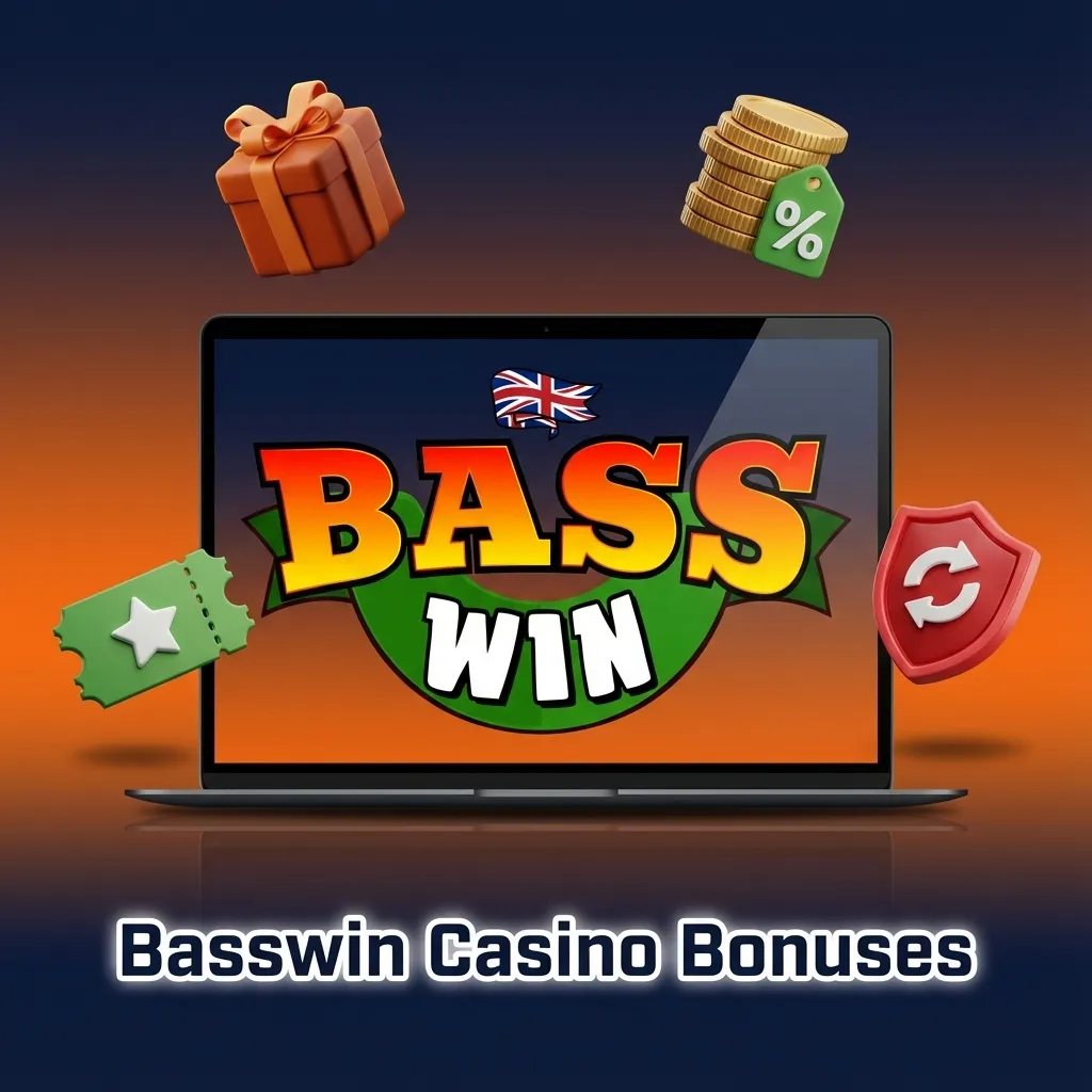 Basswin Casino bonus overview graphic showing first deposit offers, reloads, free spins, cashback, and tournament prizes