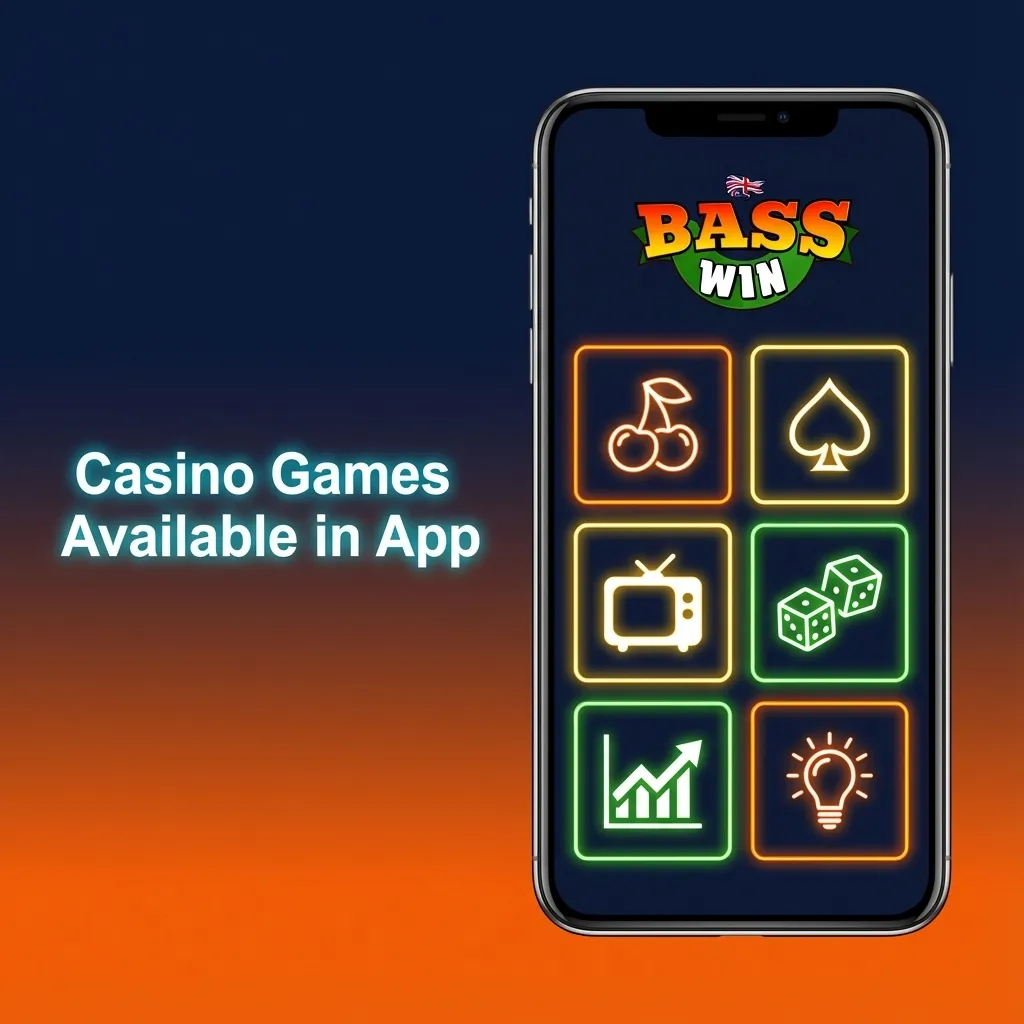 Basswin iOS app casino lobby on iPhone screen, showing slots, live roulette, blackjack and game show titles