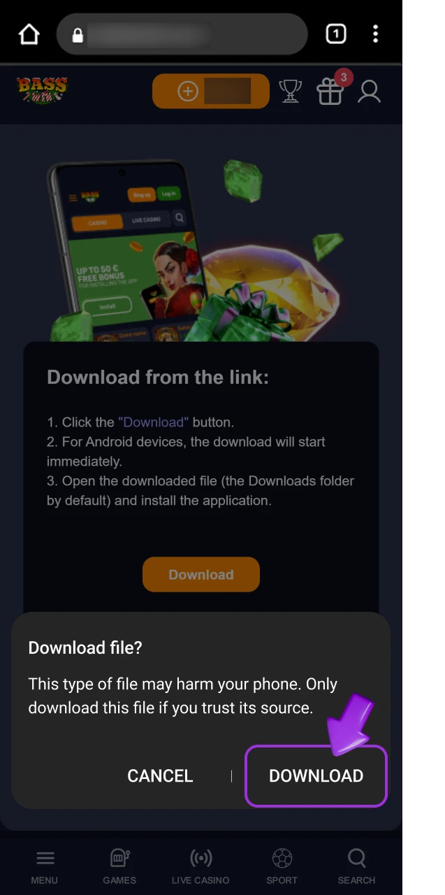 Confirm Basswin APK download in browser pop-up.