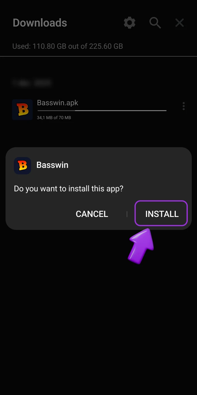 Finish installing Basswin Casino mobile app.