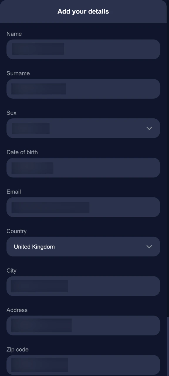 Fill in personal details in Basswin Casino profile.