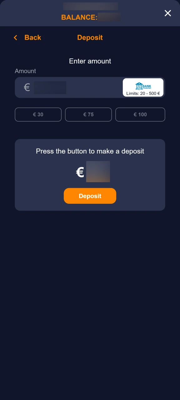 Basswin Casino cashier page for fast online deposits.