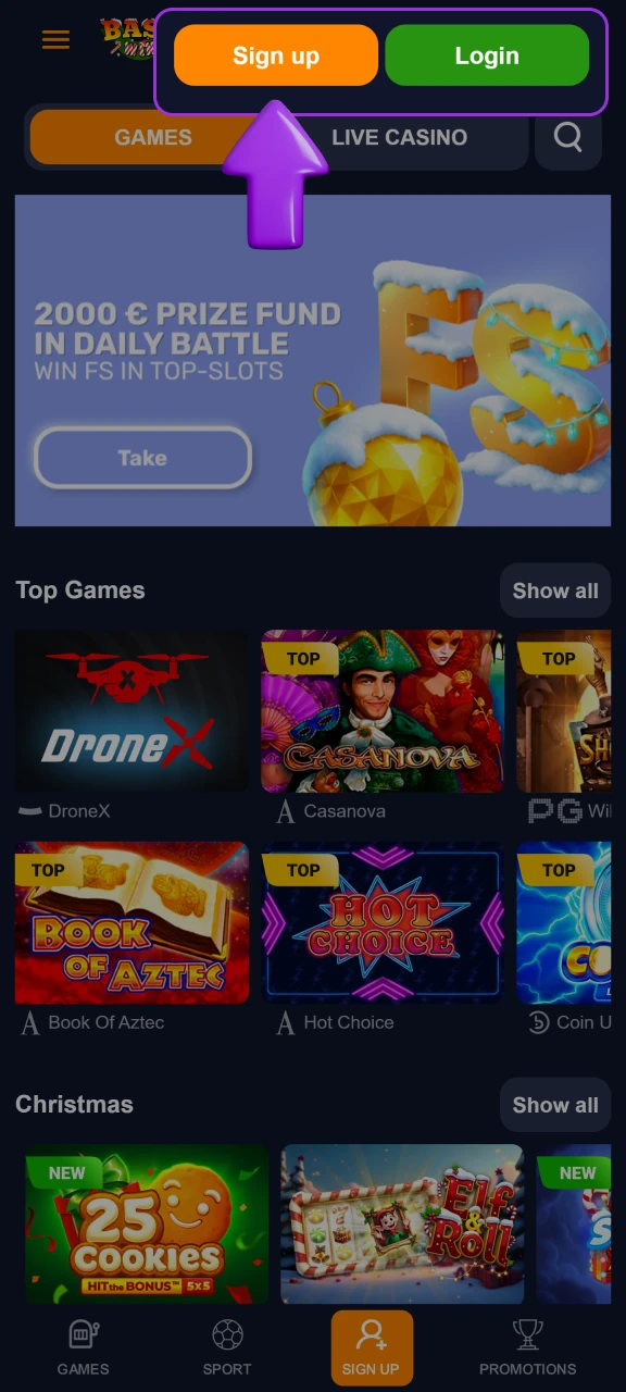 Starting the account creation process on Basswin.