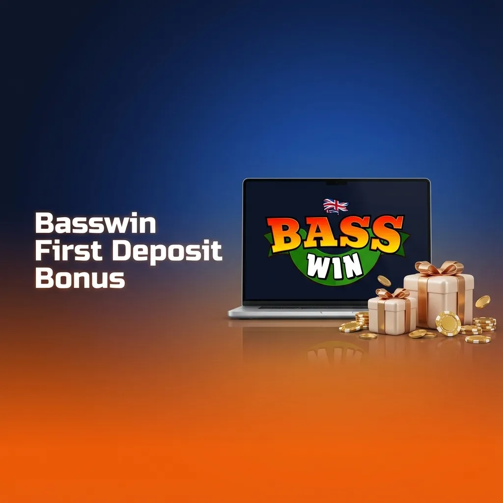 Basswin First Deposit Bonus banner showing three UK welcome offers with percentage match and free spins for selected slot games