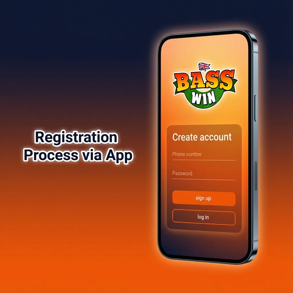 Illustration of a user registering a Basswin app account on a smartphone, following on-screen step-by-step sign-up prompts