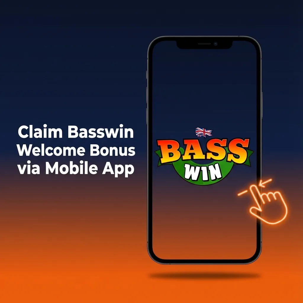Person holding smartphone with Basswin app open, showing welcome bonus options and deposit amounts on screen