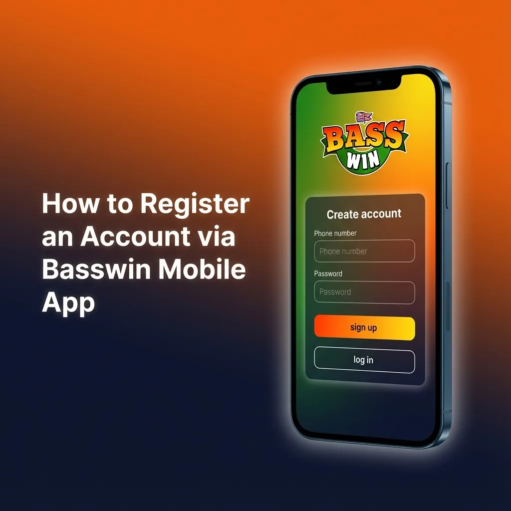 Illustrated Basswin iOS app screen showing step-by-step account registration fields and sign-up button