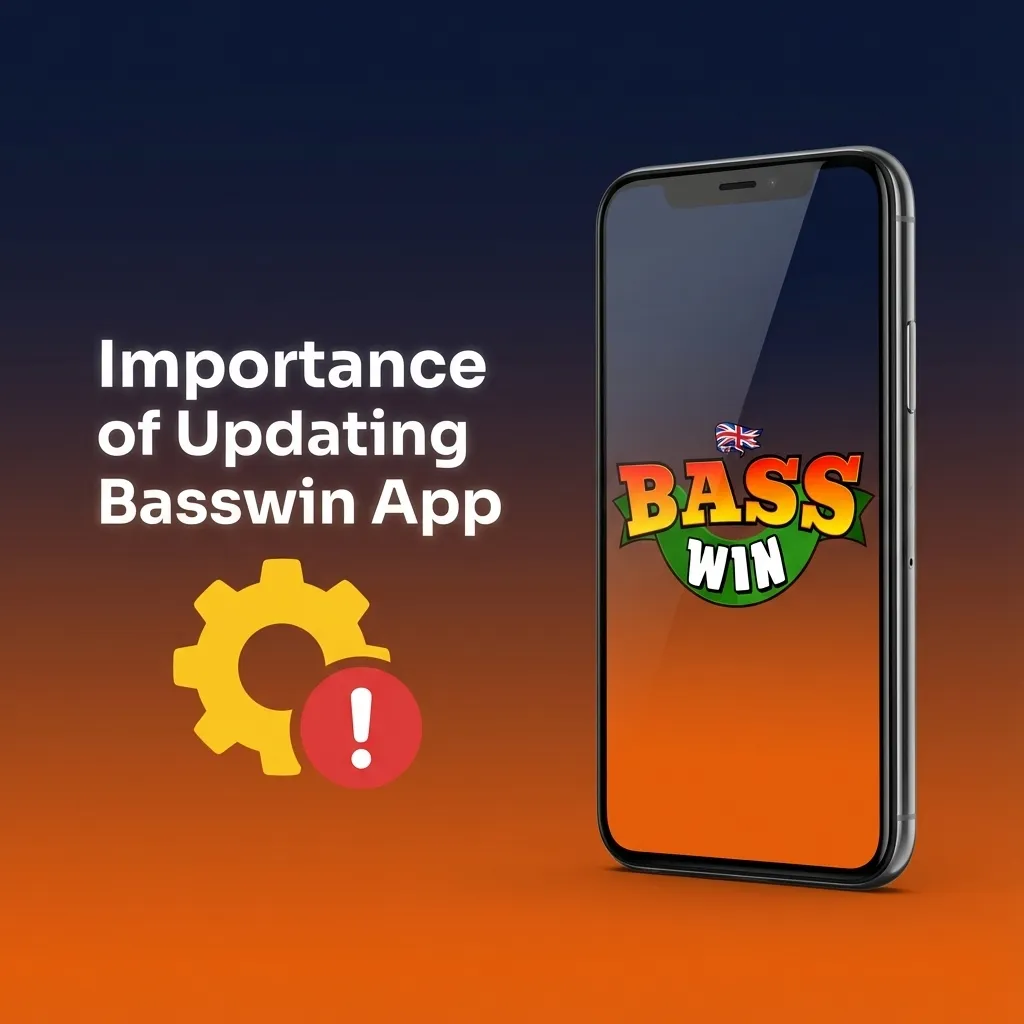 Phone screen showing Basswin app update with icons for security, speed, new features, and mobile compatibility