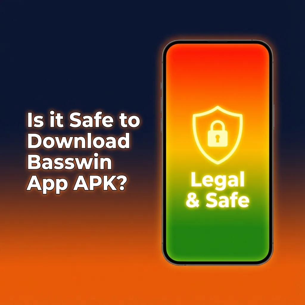Illustration asking “Is it Safe to Download Basswin App APK?” with security icons, SSL lock, and mobile casino elements