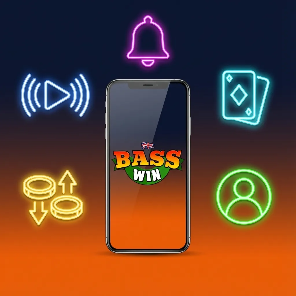 Illustrated iPhone screen showing Basswin iOS betting app features list and icons for sports, casino, bonuses, payments and support