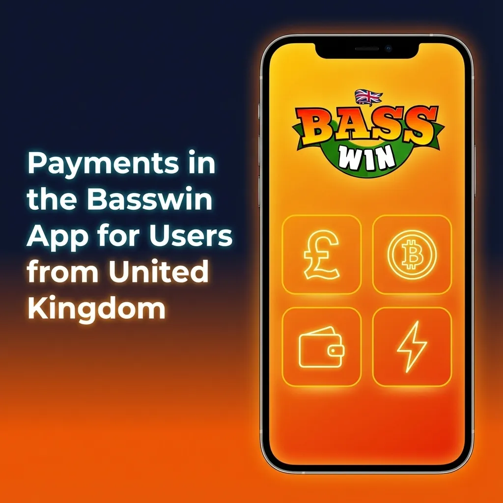 Basswin app screen showing UK user payment options: Visa, Mastercard, prepaid cards, crypto, and e‑wallets.