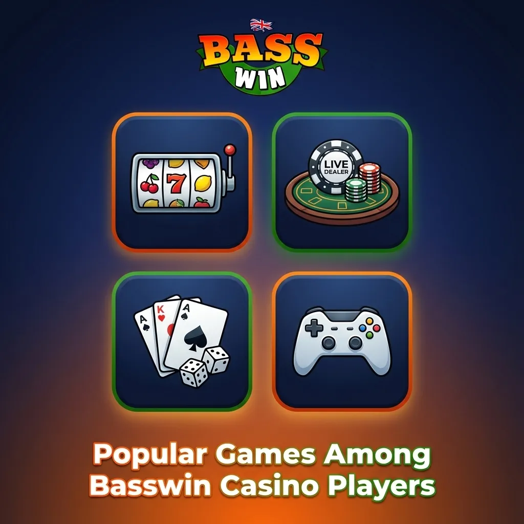 Grid of Basswin casino’s popular games, showing slot thumbnails and Lightning Roulette for UK mobile players