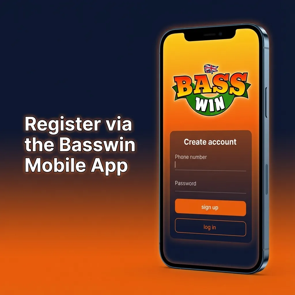 Smartphone displaying the Basswin app registration steps with mobile-friendly menus and secure account signup options