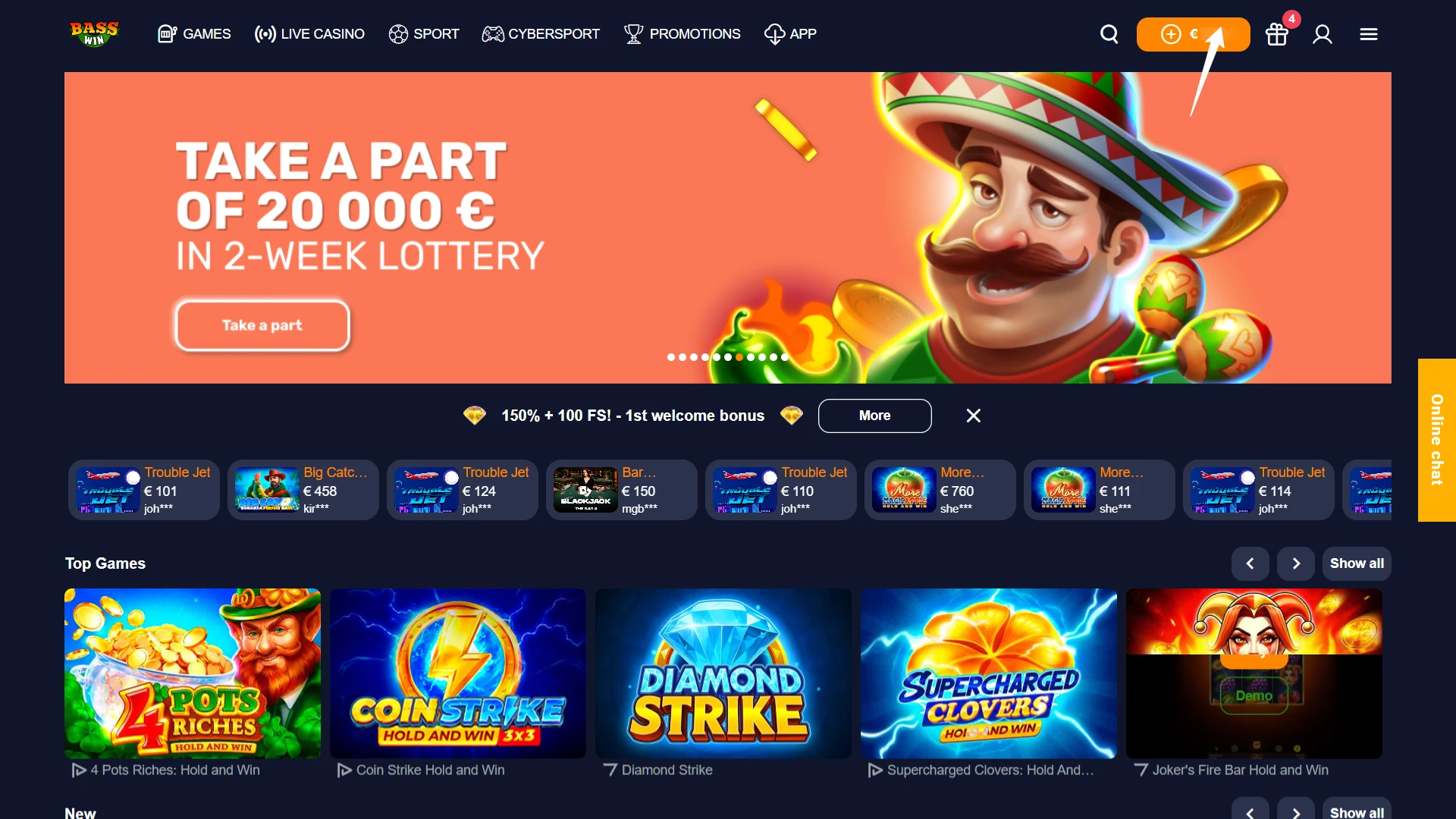 Interface showing Basswin casino bonus balance and free spins usage