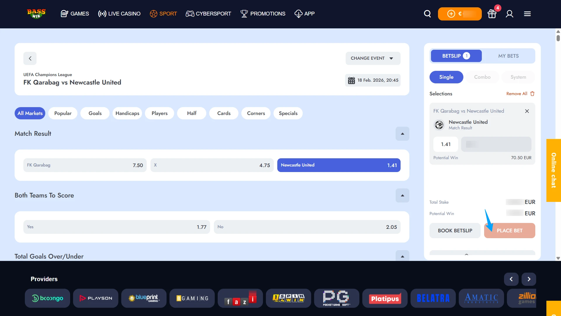 Confirm your selection and finish betting at the Basswin site.