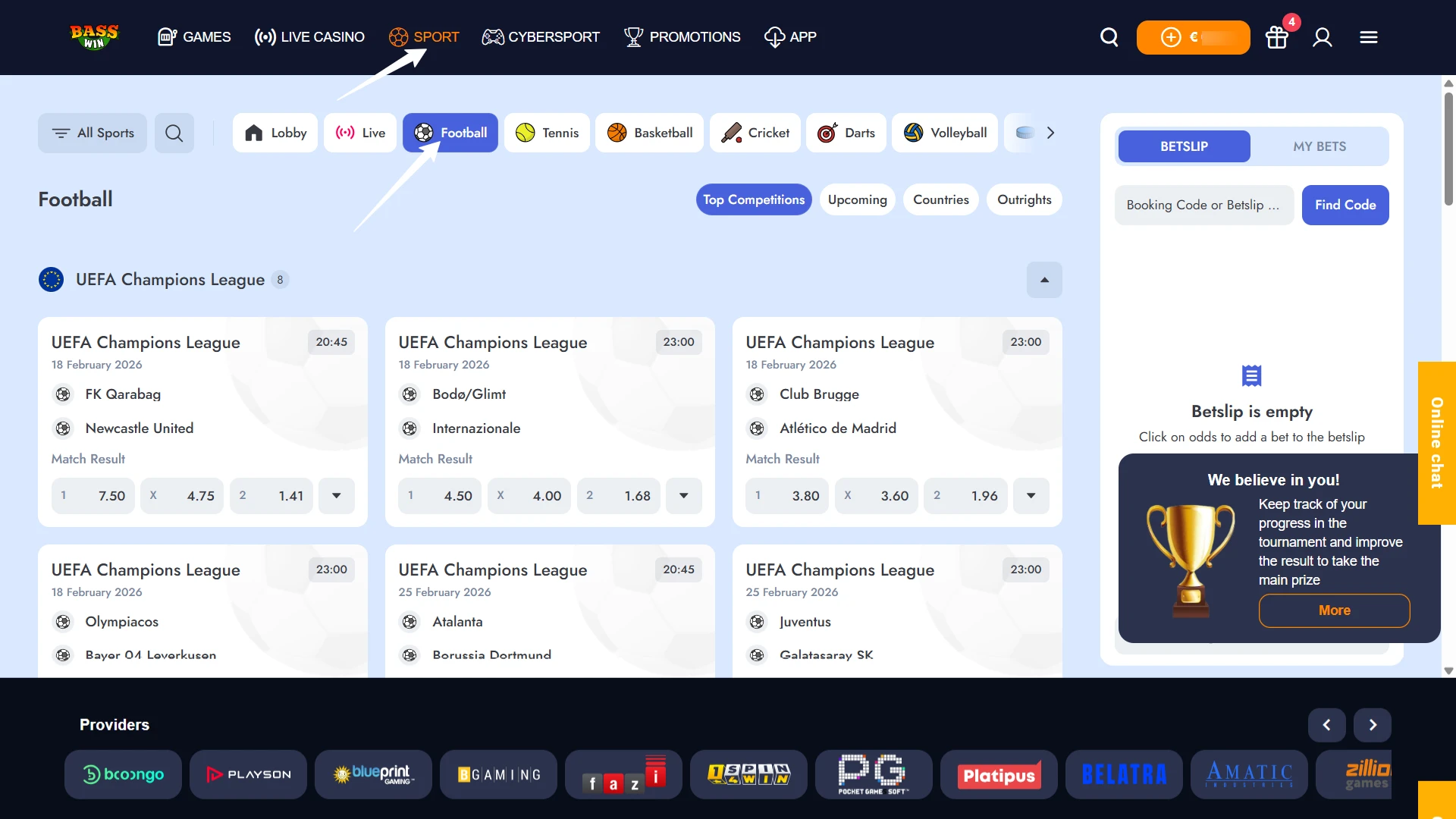 Pick a sport for betting at the Basswin online platform.